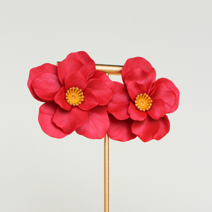 Scarlet Red Flower Studs
